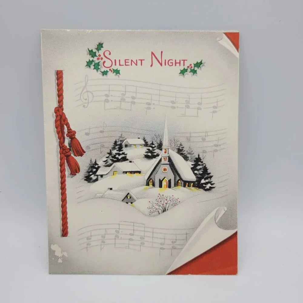 Vintage Silent Night Christmas Card With Red Rope Design &‎ Snowy Church Scene